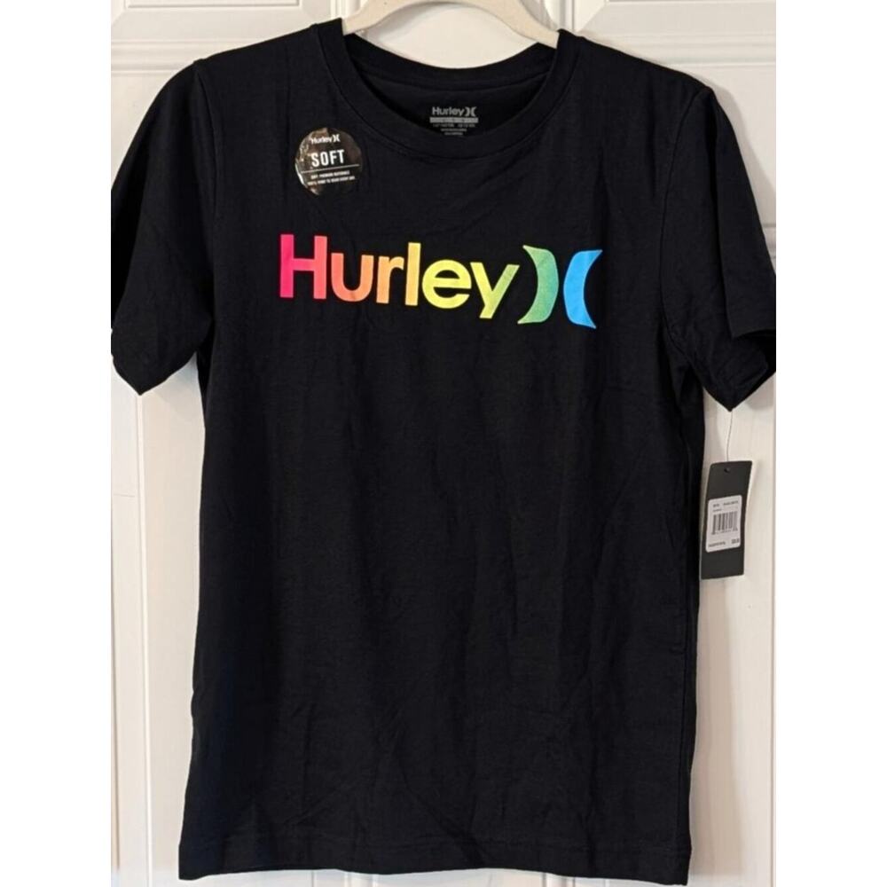 Hurley Black Rainbow Logo T-Shirt NWT Boys Large Surf Skate Tee